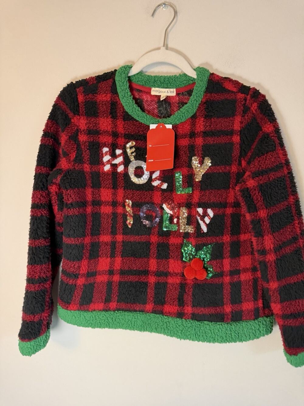 Margaux & Lexi Fleece Buffalo Plaid Holly Jolly Pull Over Girls L NWT